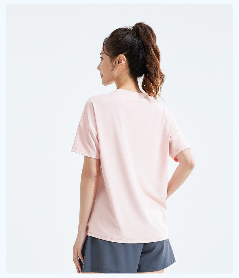 Short - Sleeve Loose Fit Split Hem Yoga T-Shirt – Breathable Ice Silk Sports Top for Running & Casual Wear - Women's Activewear by Ceecile
